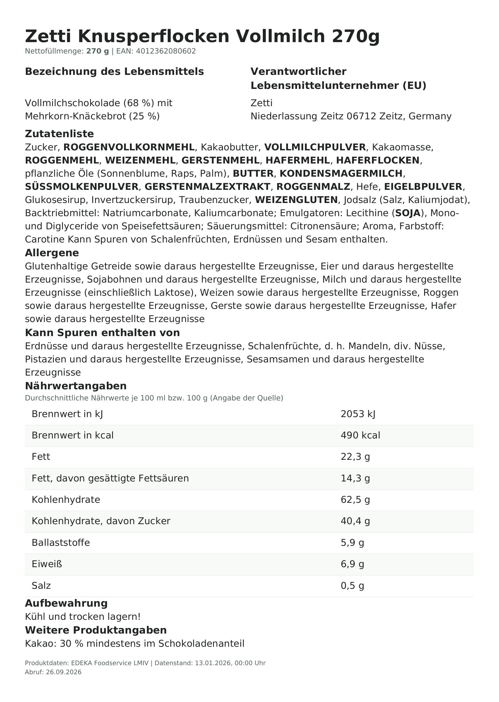 Lebensmittelinformationen: Zetti Knusperflocken Vollmilch 270g