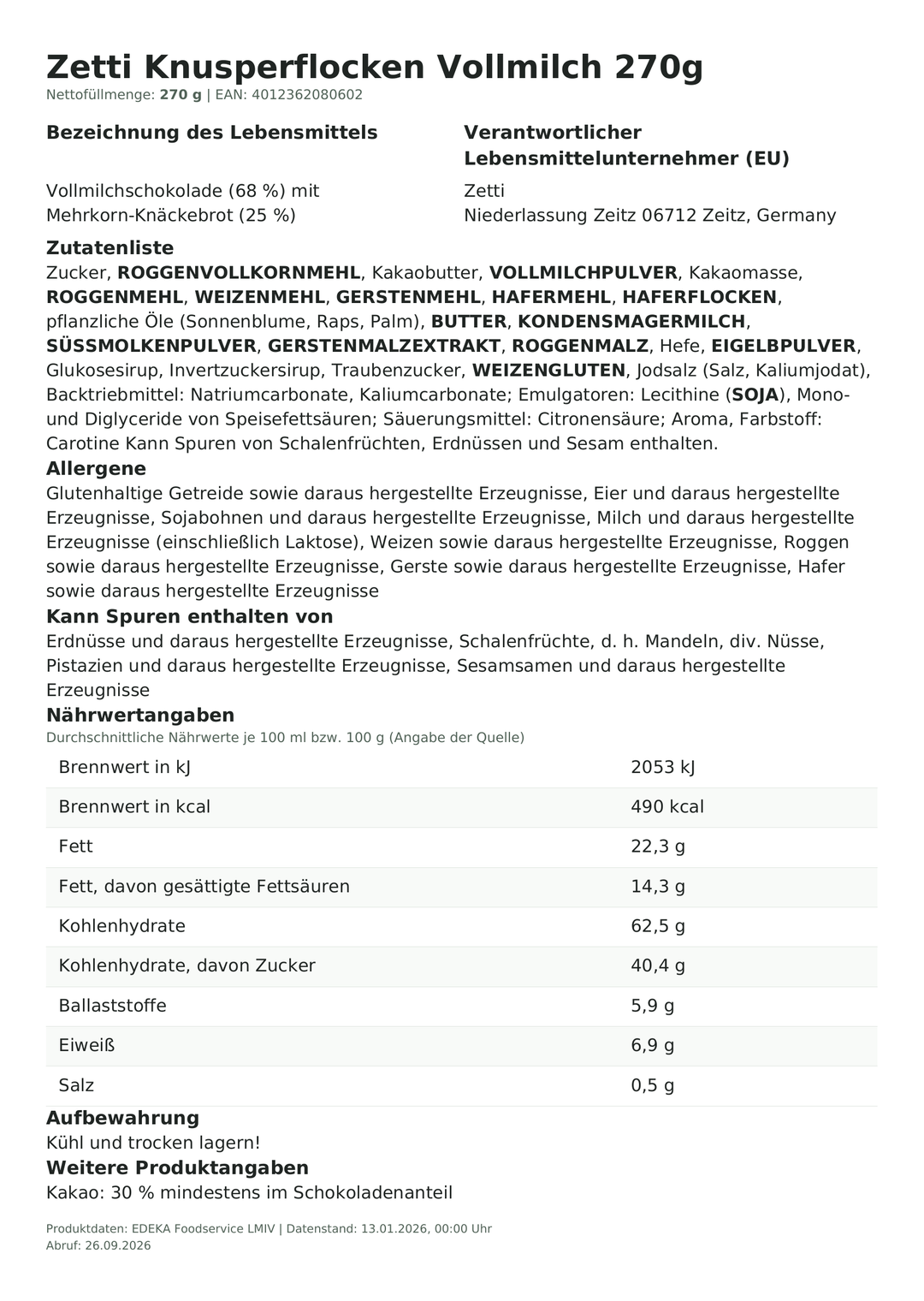 Produktinformationen zum Einzelprodukt – Zetti Knusperflocken Vollmilch 270g