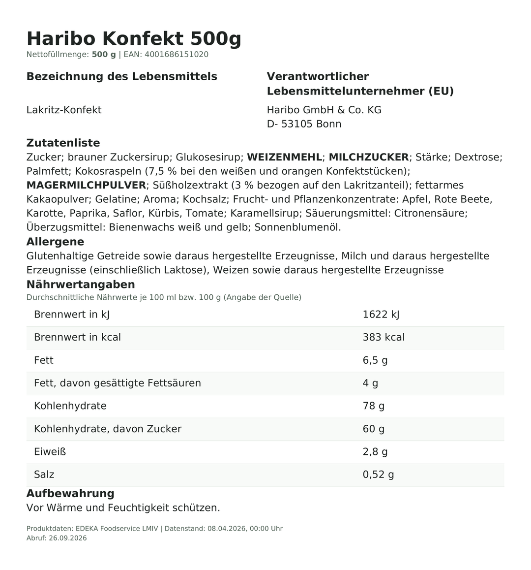 Produktinformationen zum Einzelprodukt – Haribo Konfekt 500g