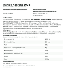 Haribo Konfekt 500g – Lebensmittelangaben