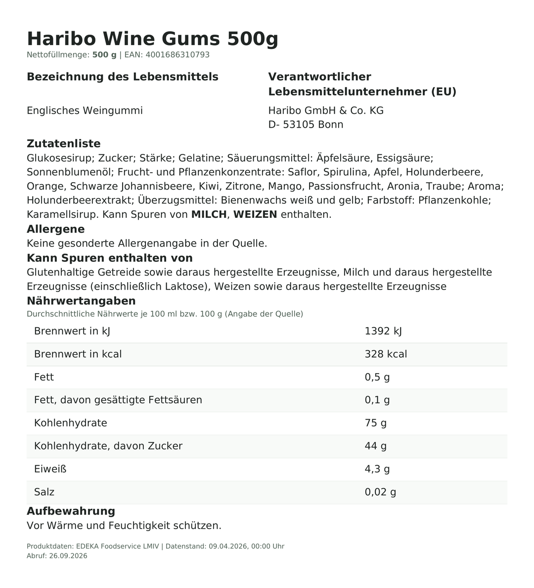 Produktinformationen zum Einzelprodukt – Haribo Wine Gums 500g
