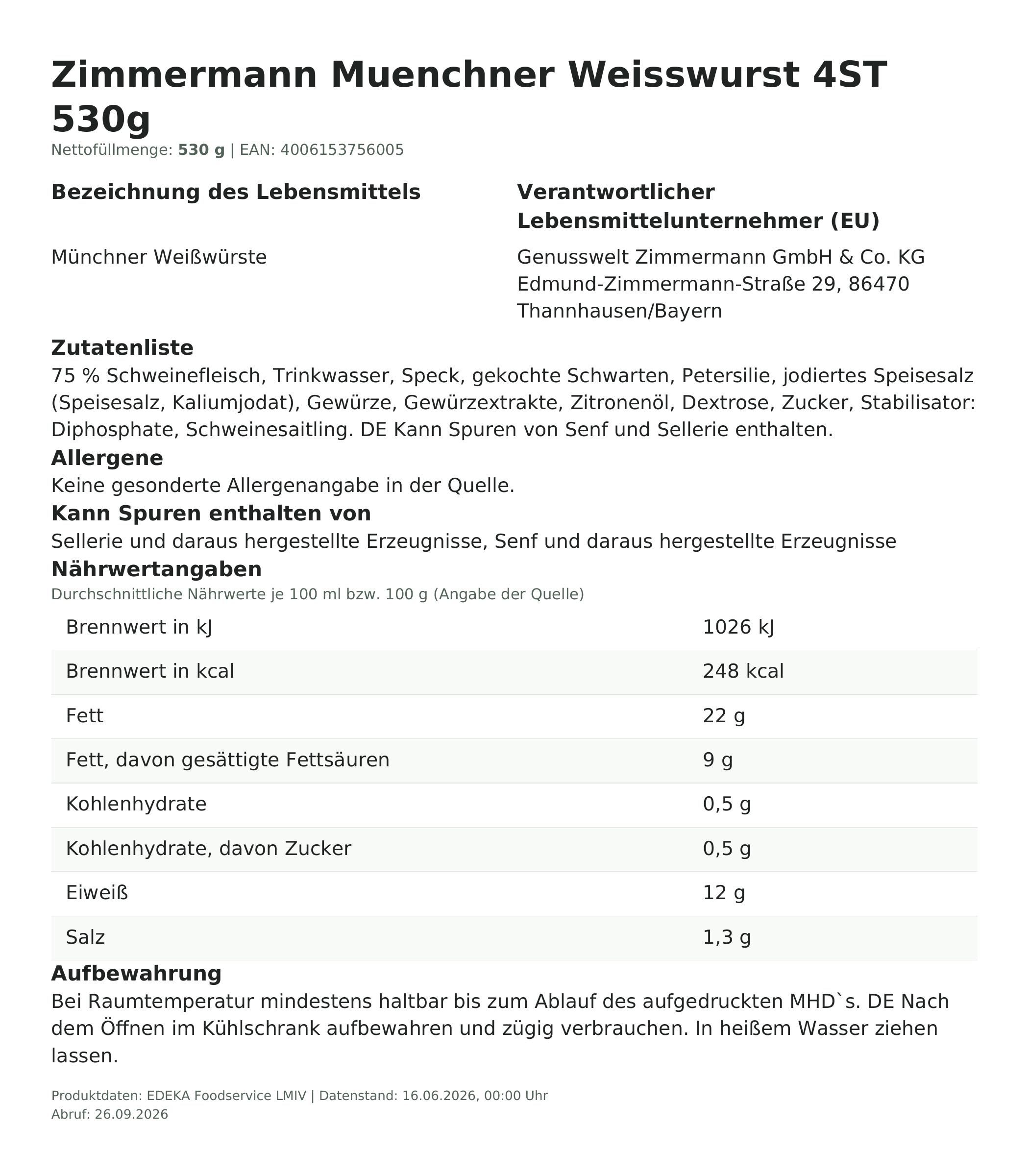 Produktinformationen – Zimmermann Muenchner Weisswurst 4ST 530g