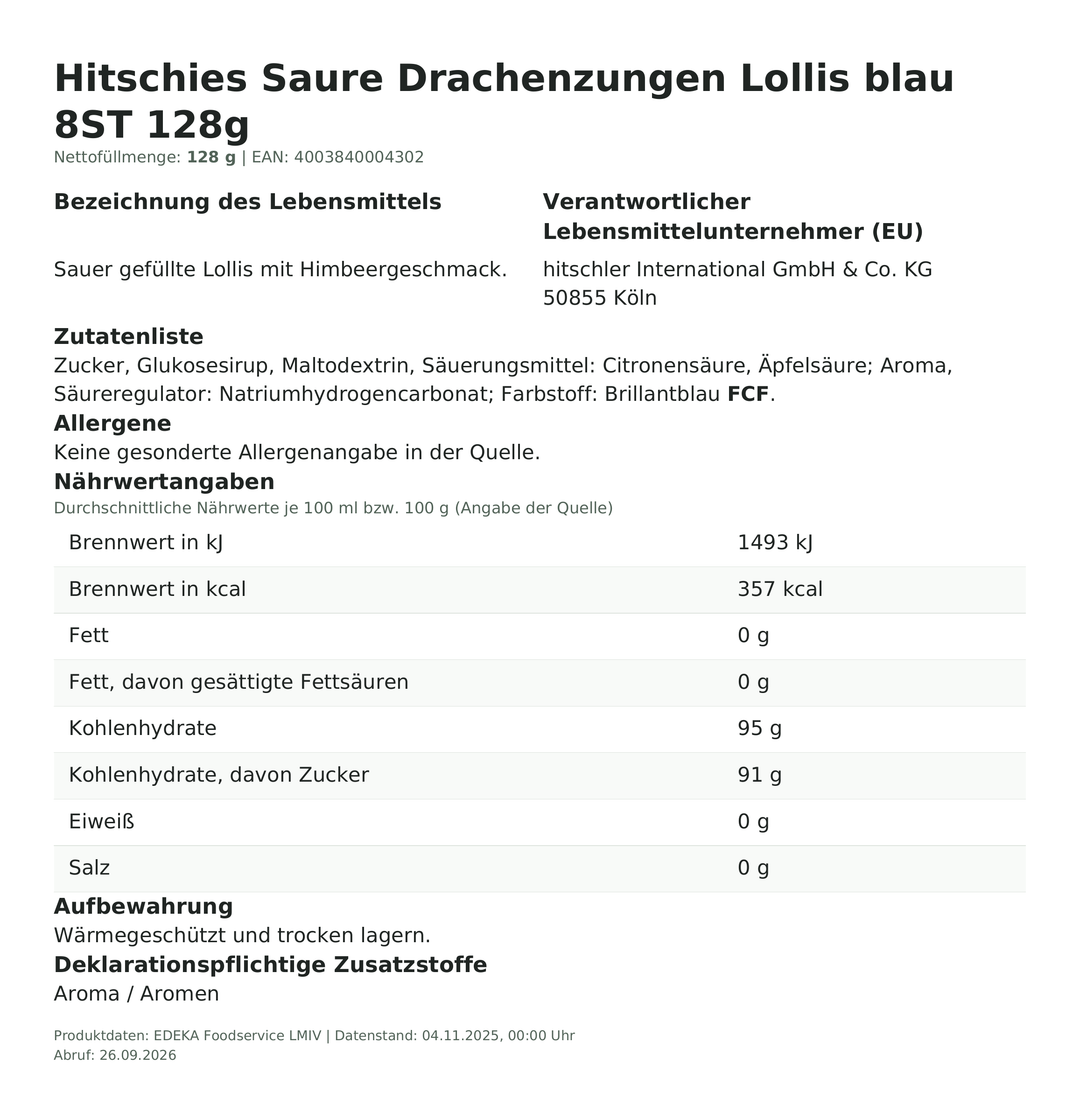 Produktinformationen zum Einzelprodukt – Hitschies Saure Drachenzungen Lollis blau 8ST 128g