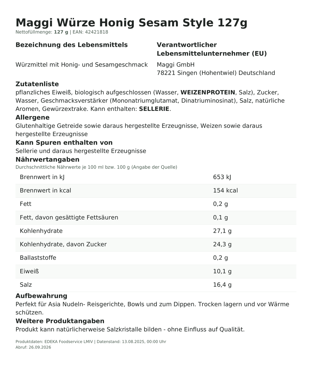 Produktinformationen zum Einzelprodukt – Maggi Würze Honig Sesam Style 127g