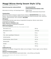 Produktinformationen – Maggi Würze Honig Sesam Style 127g