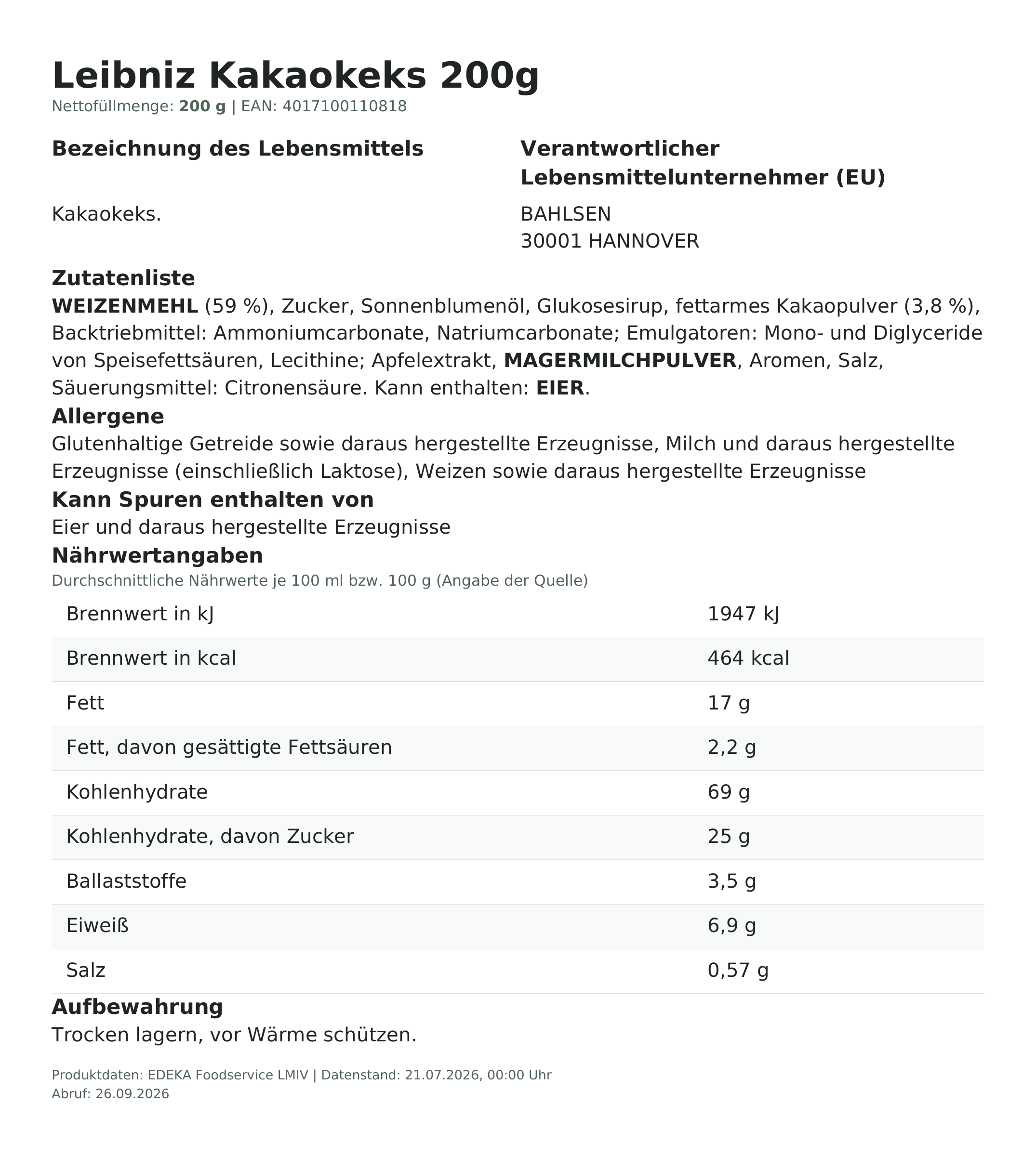 Leibniz Kakaokeks 200g – Lebensmittelangaben