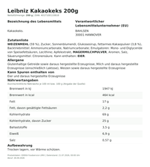 Leibniz Kakaokeks 200g – Lebensmittelangaben