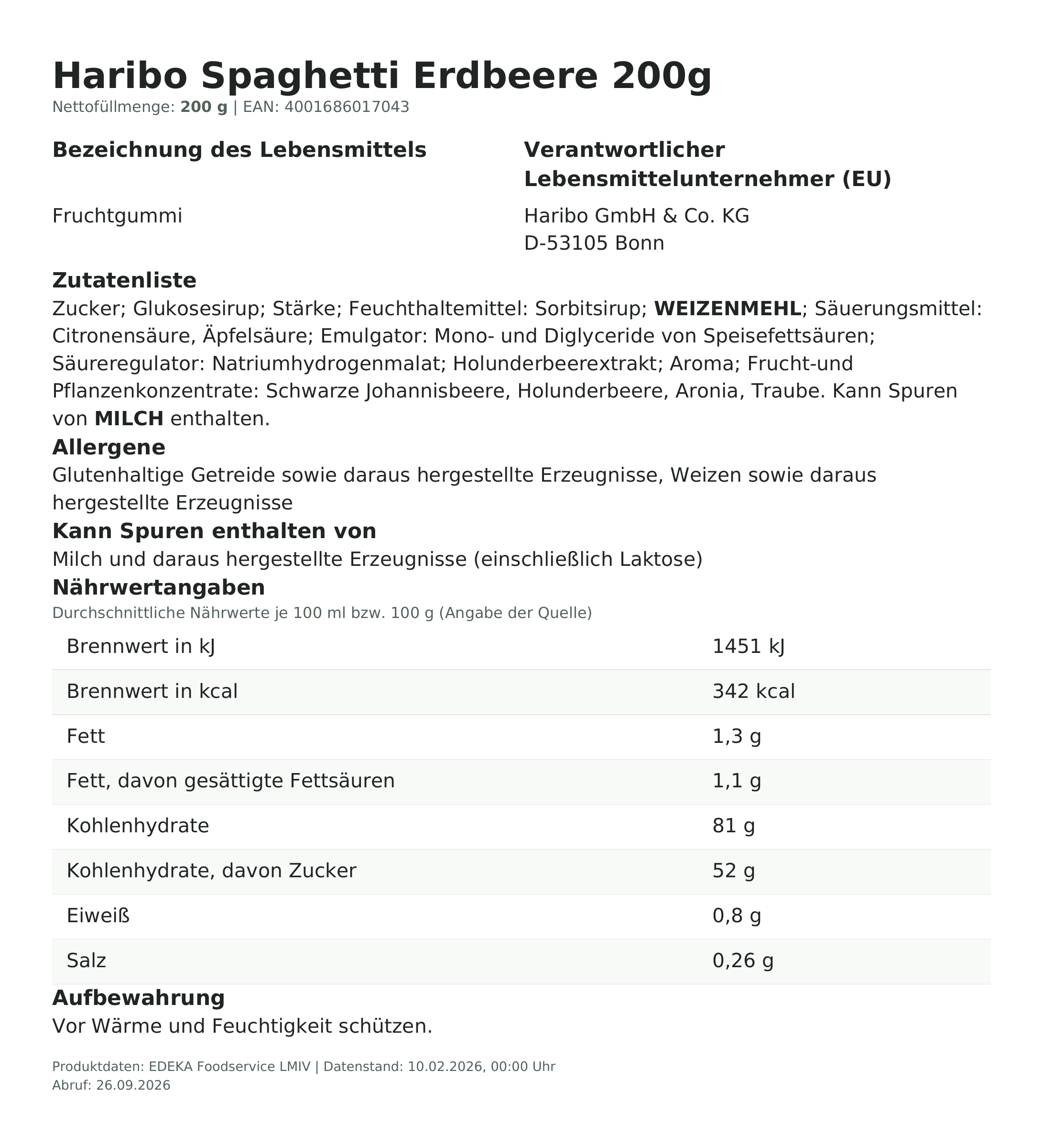 Produktinformationen – Haribo Spaghetti Erdbeere 200g