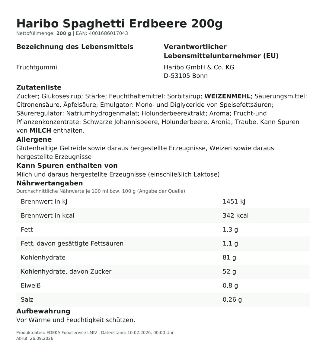 Produktinformationen zum Einzelprodukt – Haribo Spaghetti Erdbeere 200g