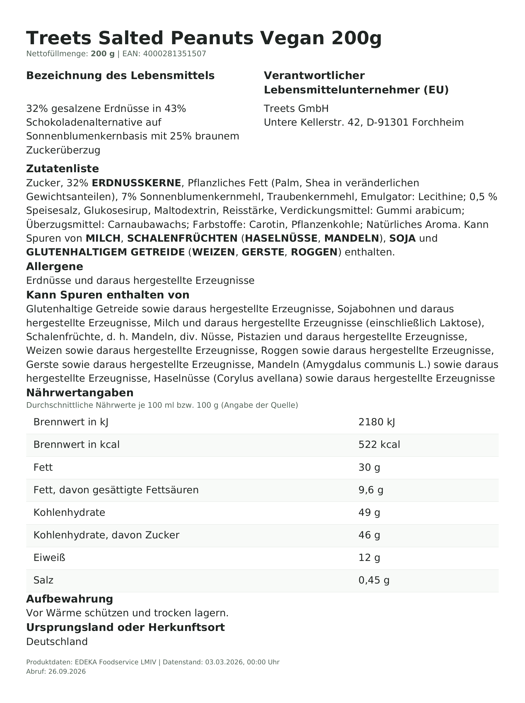 Treets Salted Peanuts Vegan 200g – Lebensmittelangaben
