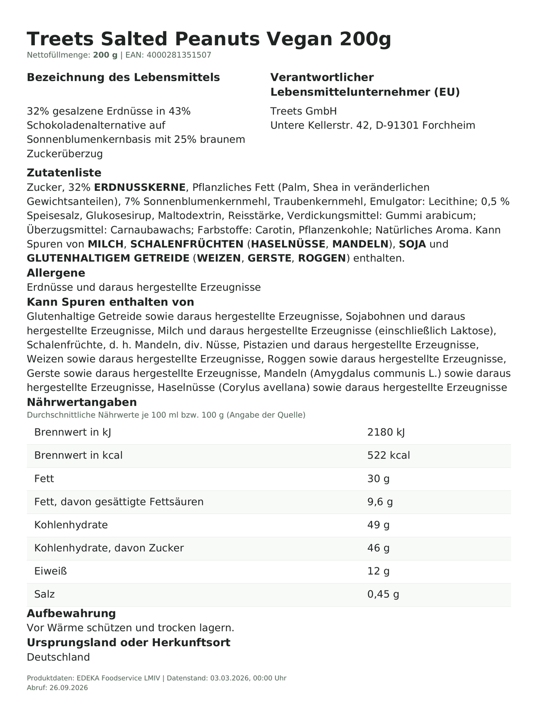 Produktinformationen zum Einzelprodukt – Treets Salted Peanuts Vegan 200g