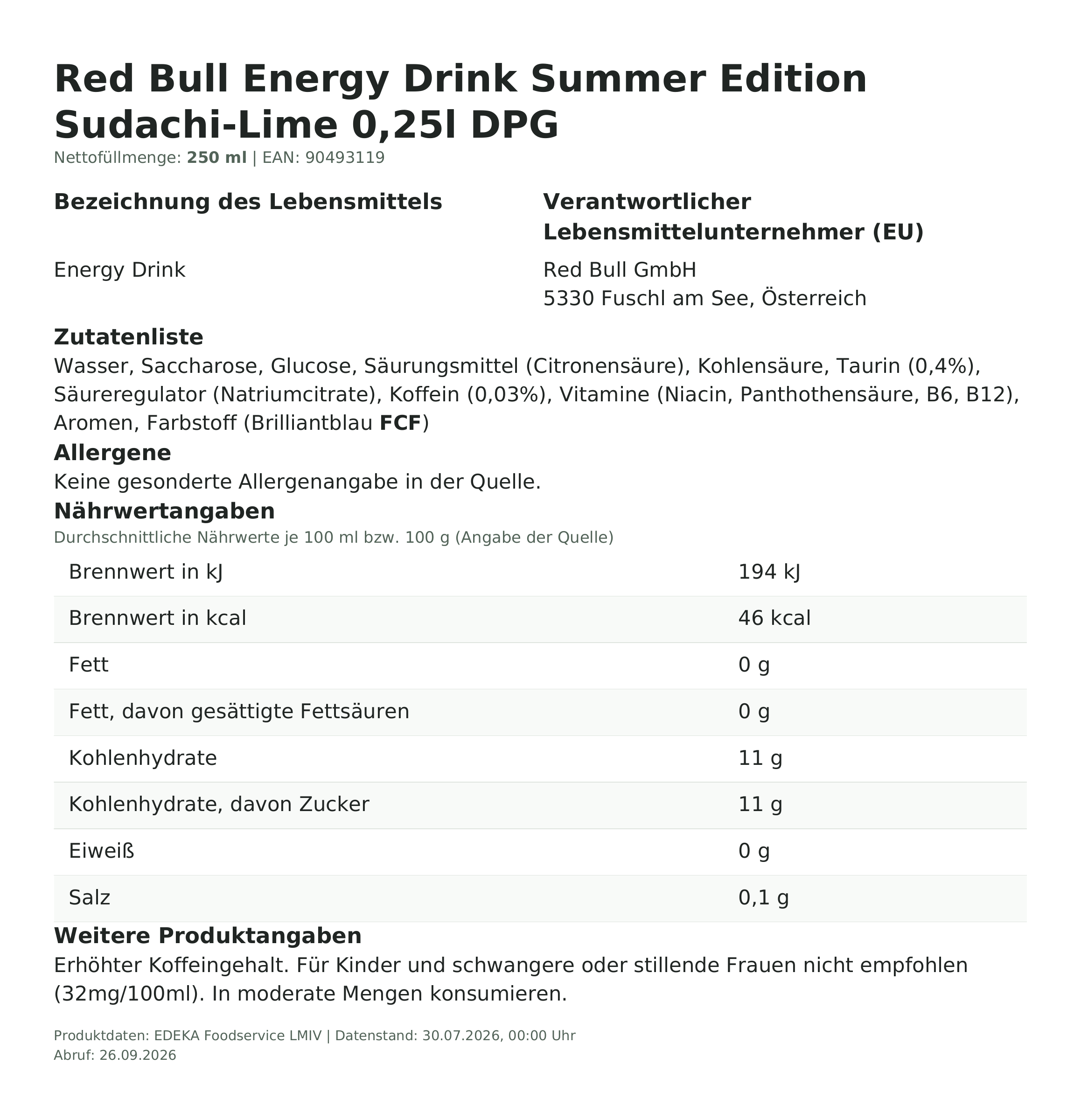 Produktinformationen – Red Bull Energy Drink Summer Edition Sudachi-Lime 0,25l DPG