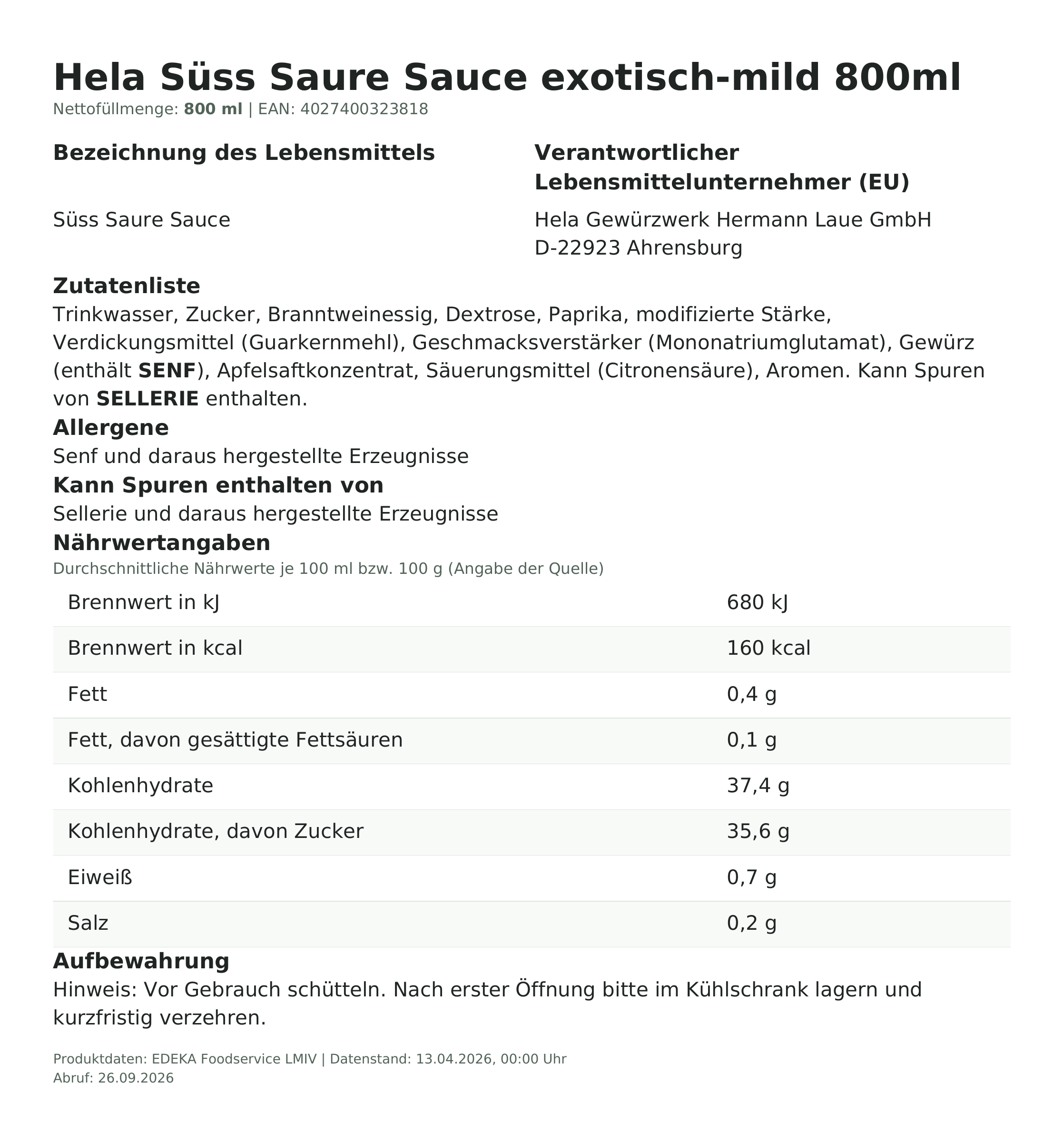 Produktinformationen – Hela Süss Saure Sauce exotisch-mild 800ml