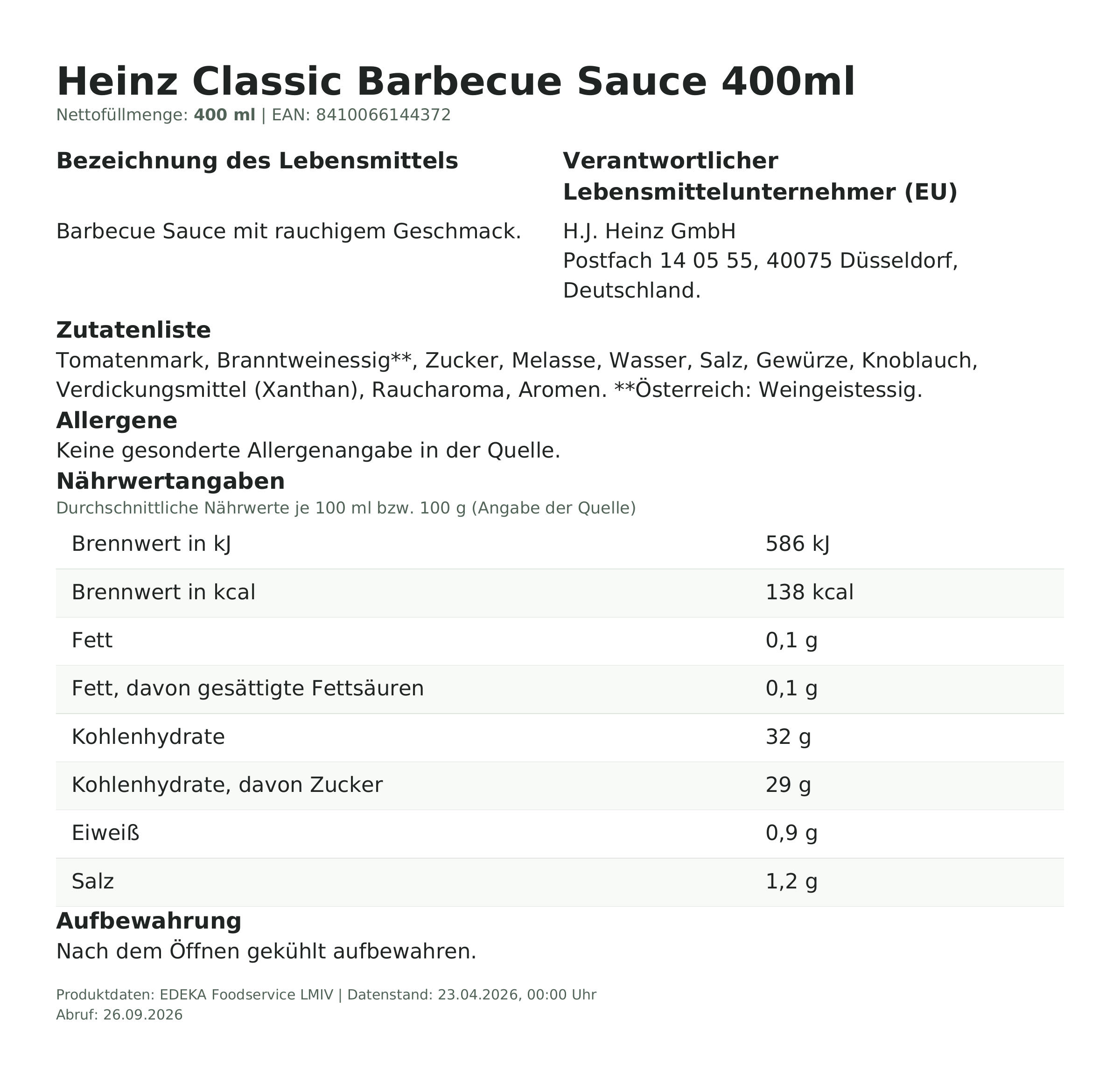 Produktinformationen – Heinz Classic Barbecue Sauce 400ml