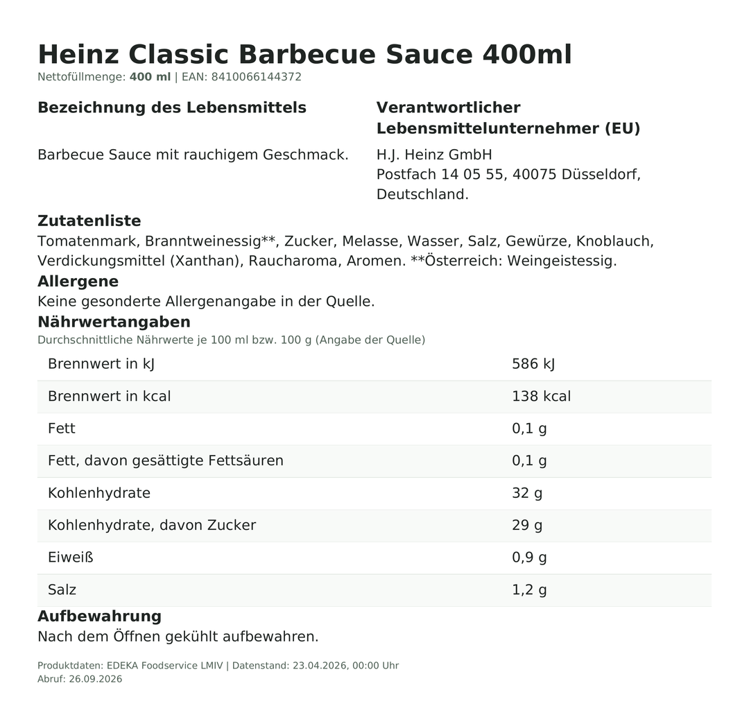 Produktinformationen zum Einzelprodukt – Heinz Classic Barbecue Sauce 400ml