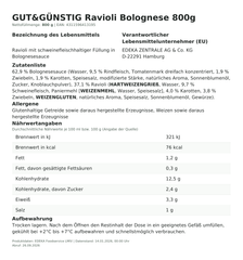 Lebensmittelinformationen: G&G Ravioli Bolognese 800g