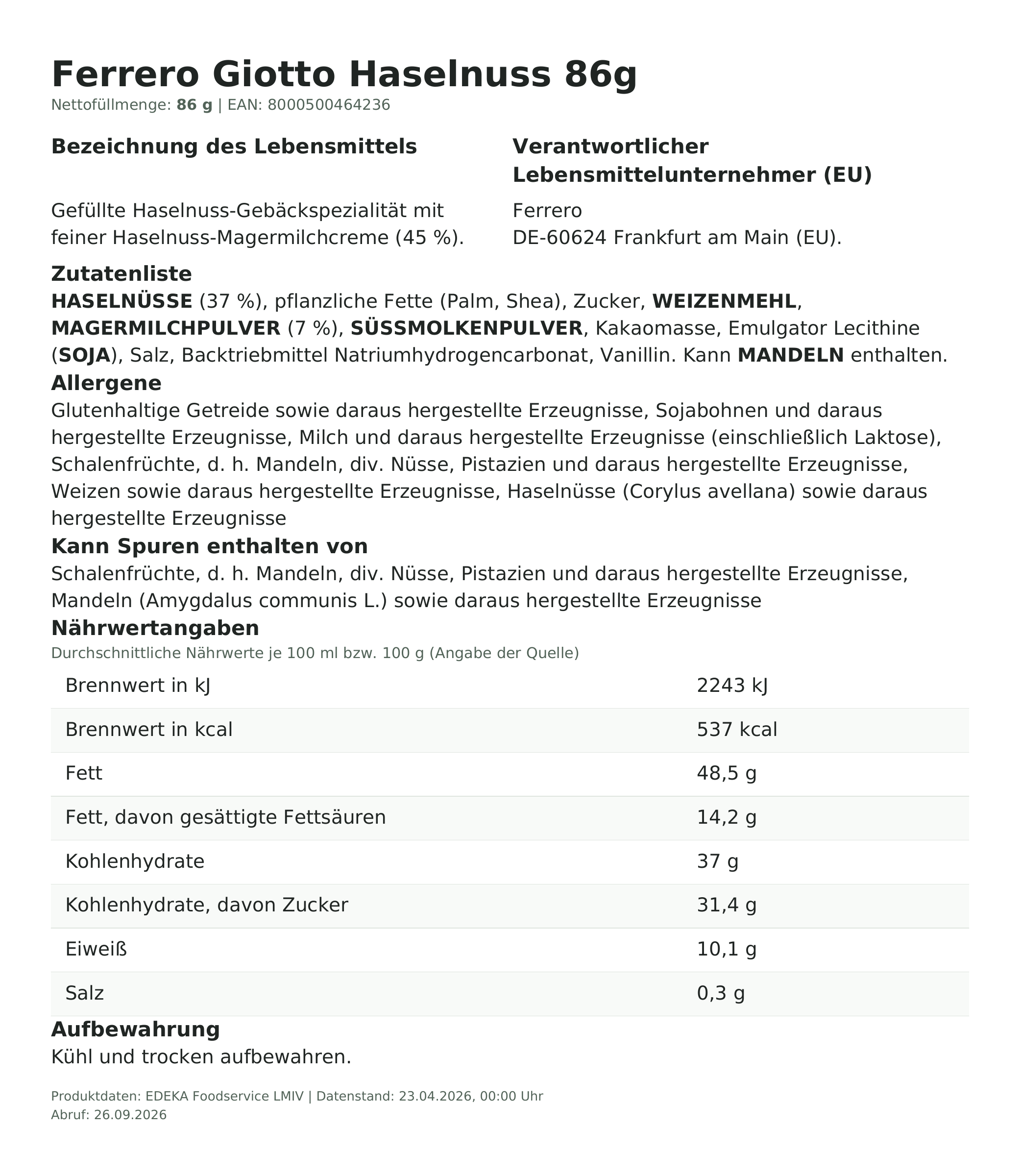 Ferrero Giotto Haselnuss 86g – Lebensmittelangaben