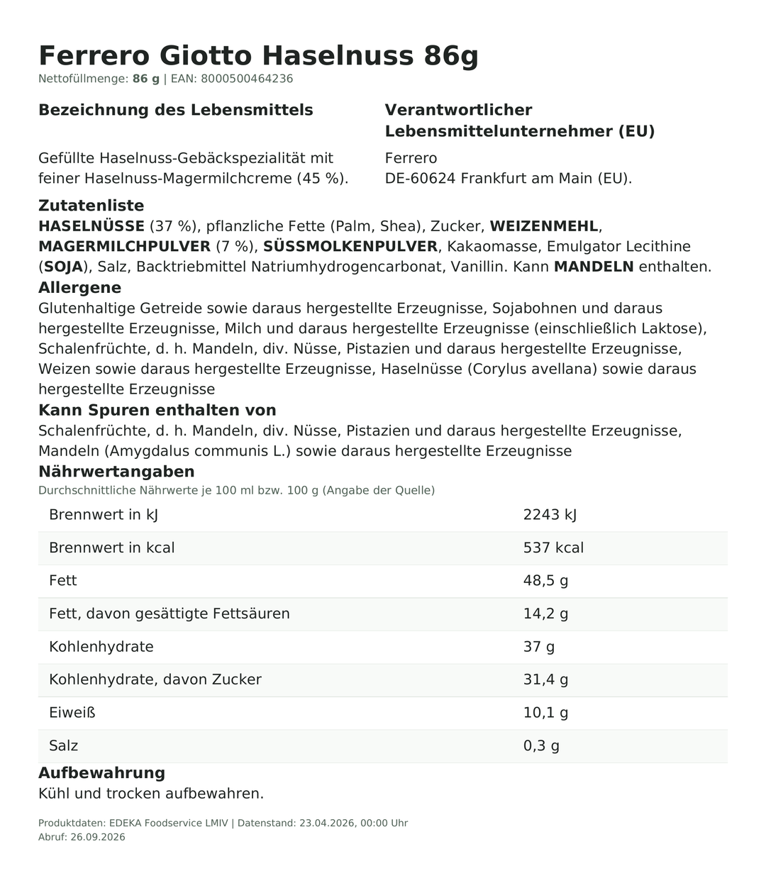 Produktinformationen zum Einzelprodukt – Ferrero Giotto Haselnuss 86g