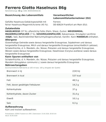 Ferrero Giotto Haselnuss 86g – Lebensmittelangaben