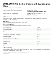 Lebensmittelinformationen: G&G Gelbe Erbsen mit Suppengrün 800g