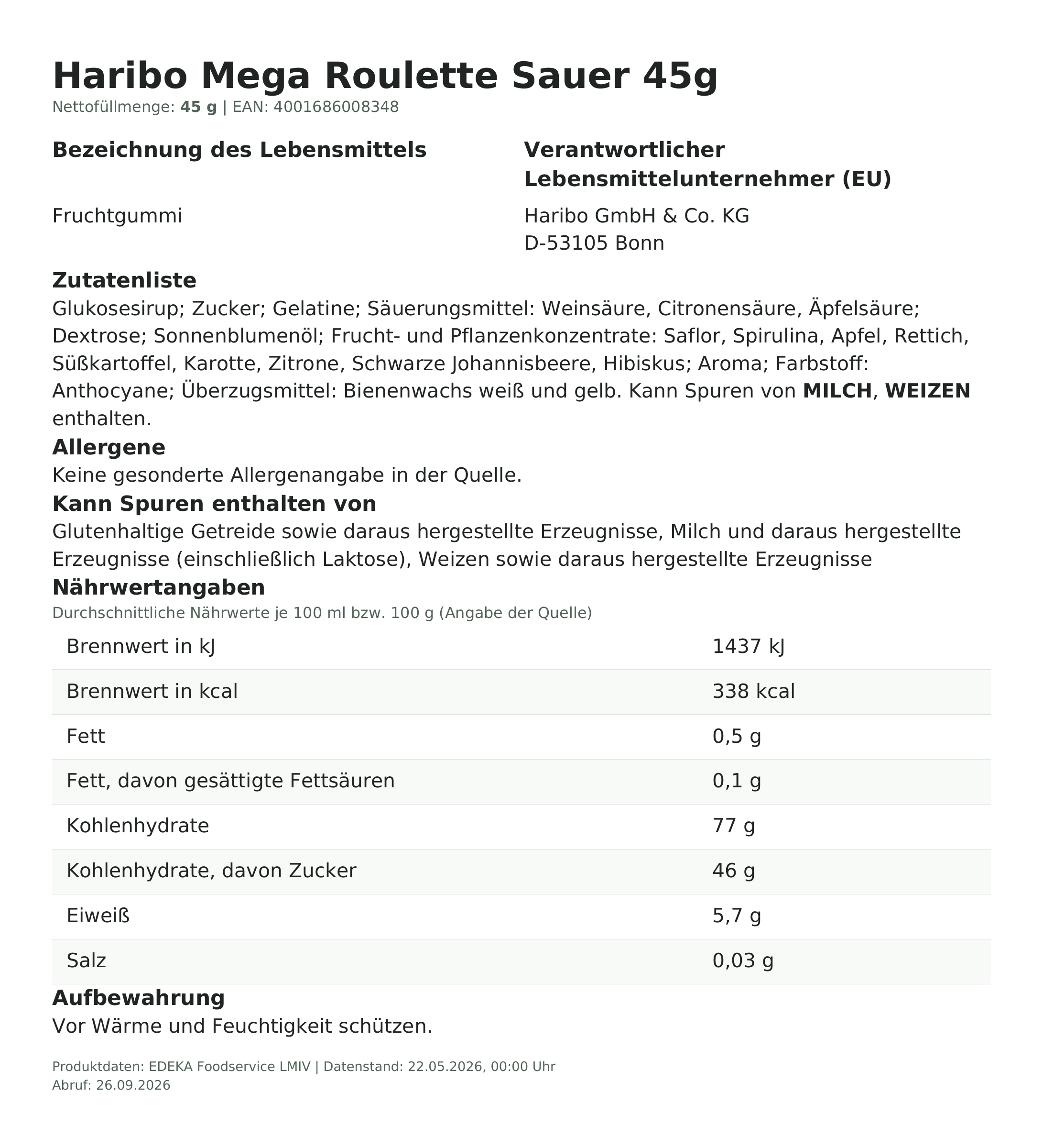 Produktinformationen – Haribo Mega Roulette Sauer 45g