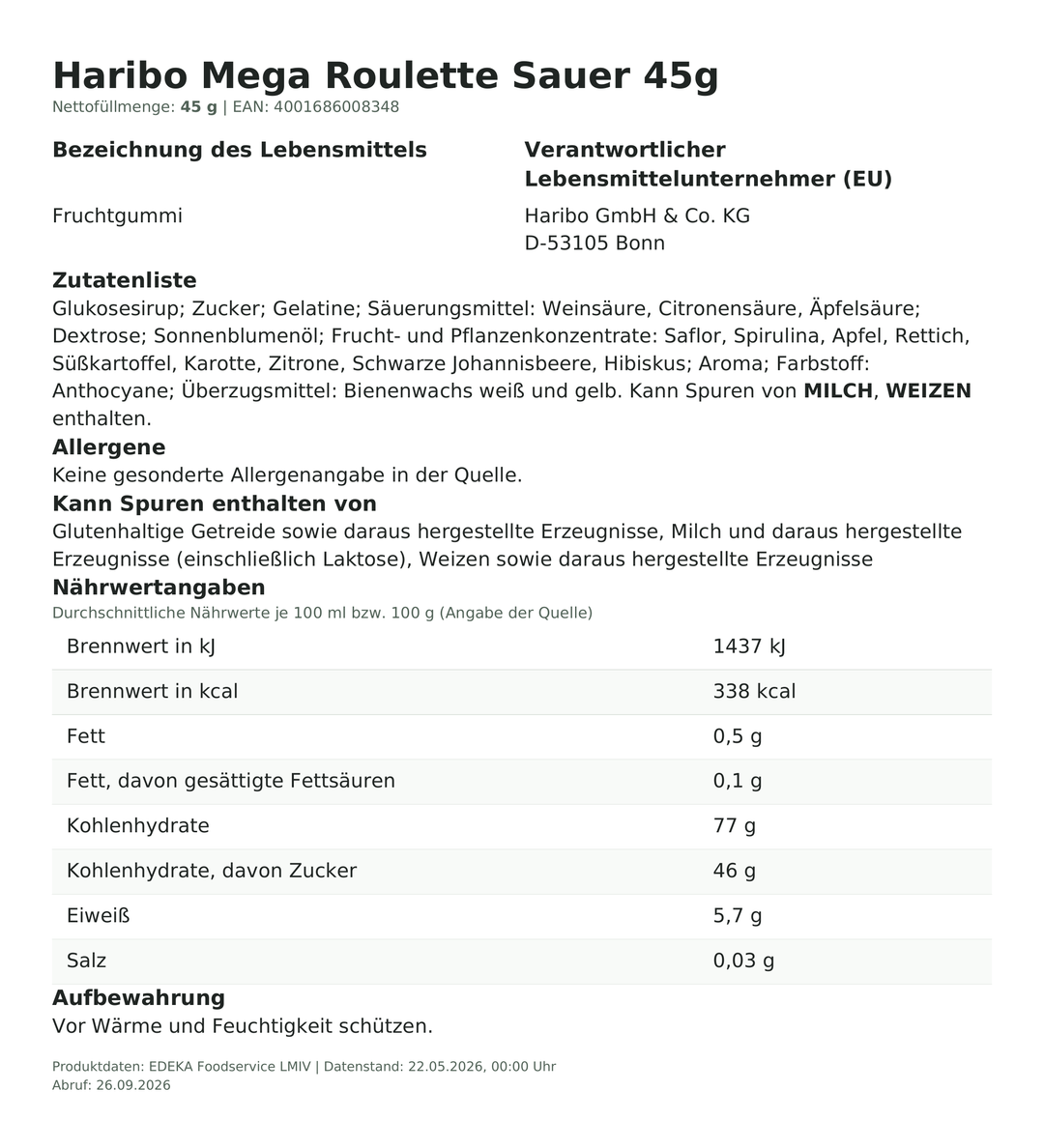 Produktinformationen zum Einzelprodukt – Haribo Mega Roulette Sauer 45g