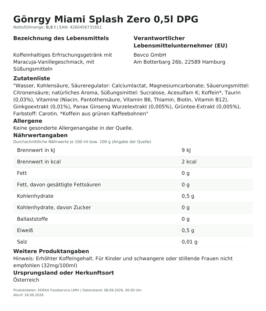 Produktinformationen zum Einzelprodukt – Gönrgy Miami Splash Zero 0,5l DPG