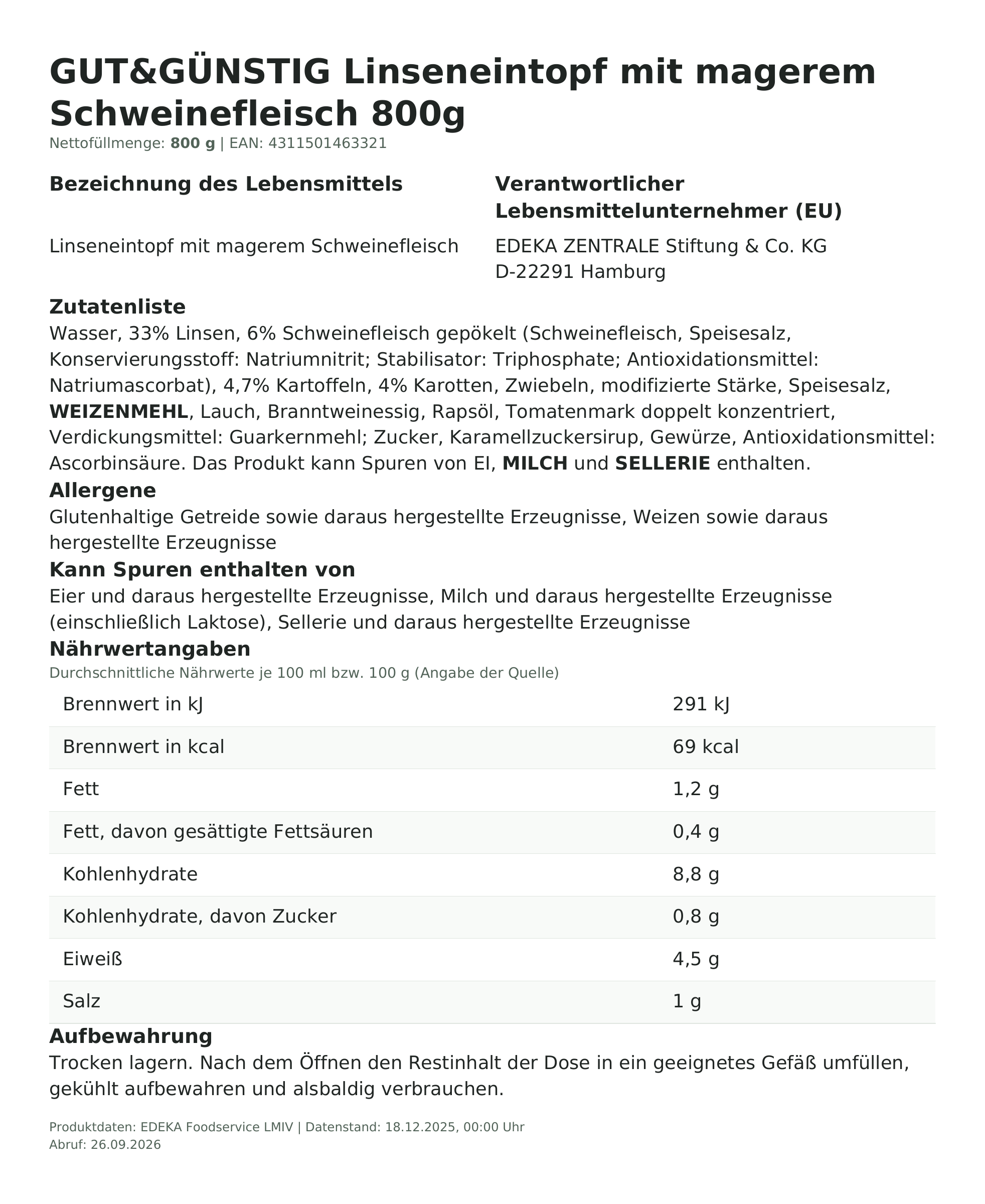 Linseneintopf mit magerem Schweinefleisch 800g – Lebensmittelangaben