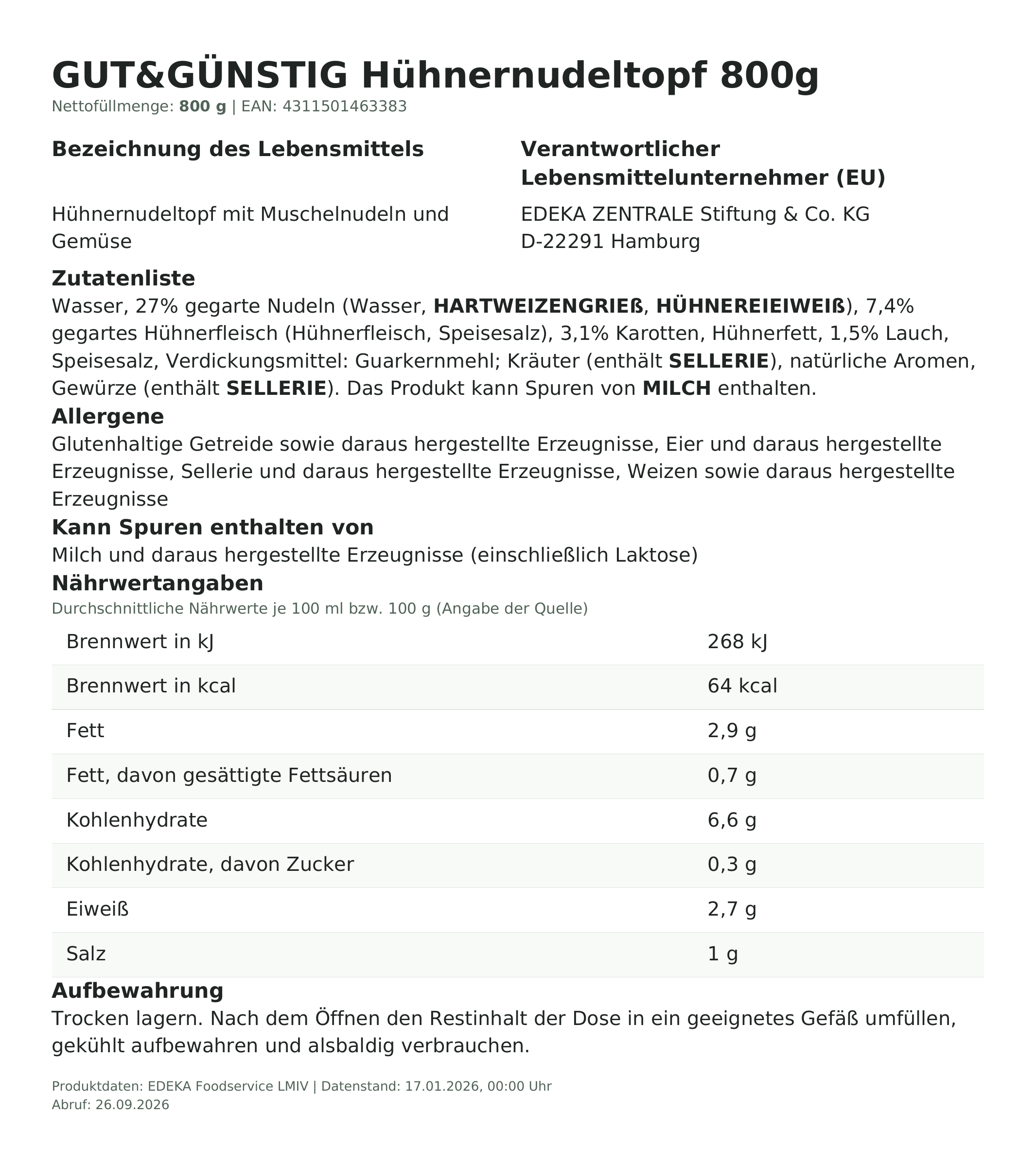 Hühnernudeltopf 800g – Lebensmittelangaben