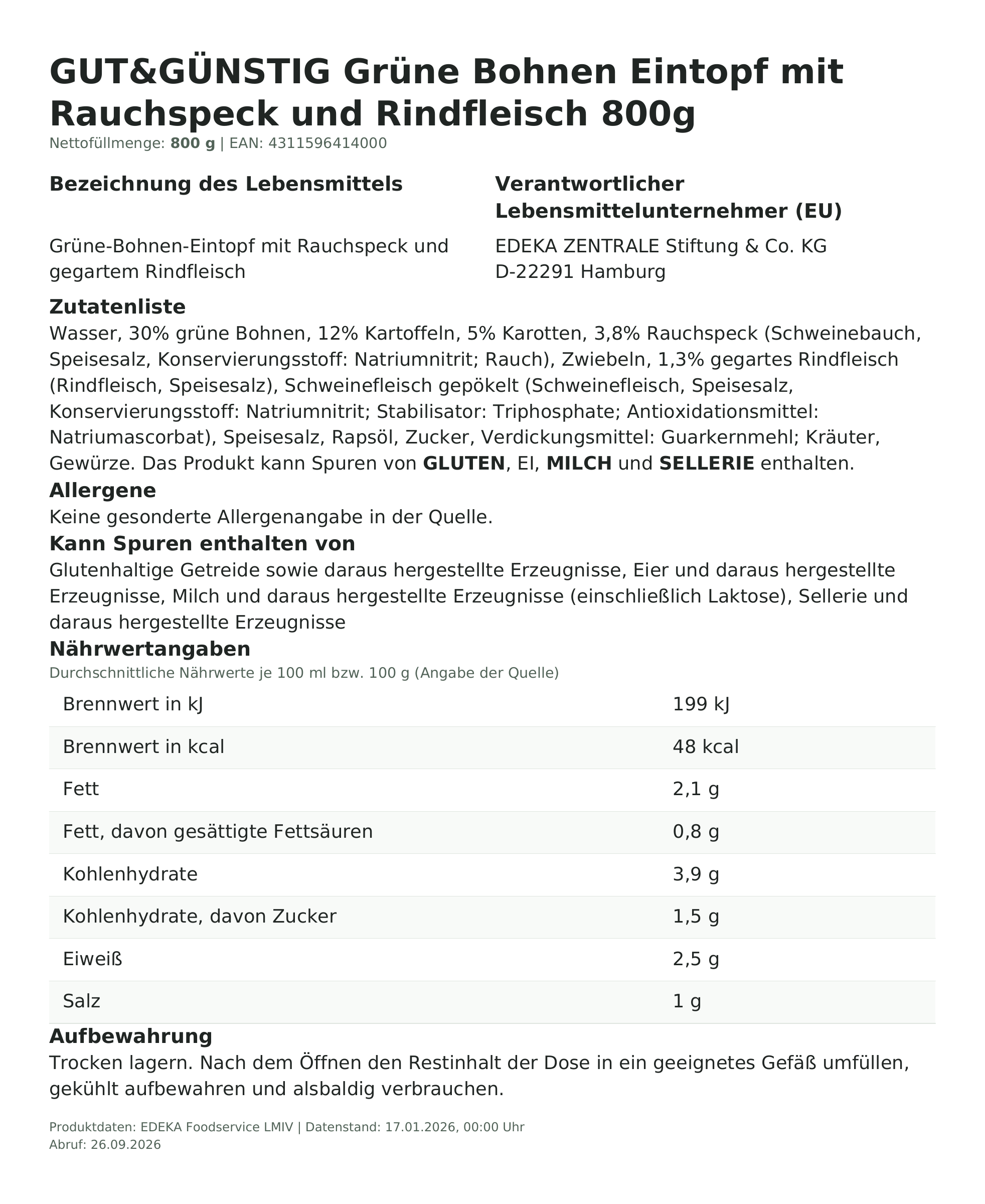 Grüne Bohnen Eintopf mit Rauchspeck und Rindfleisch 800g – Lebensmittelangaben
