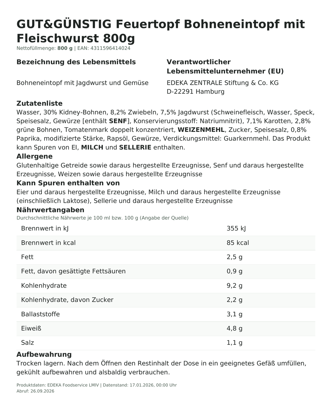 Produktinformationen zum Einzelprodukt – Gut&Günstig Feuertopf Bohneneintopf mit Fleischwurst 800g