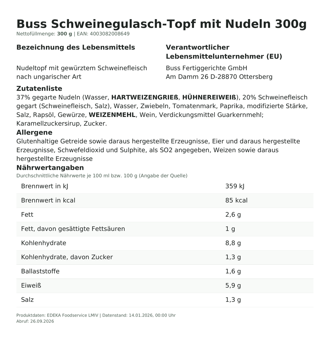 Produktinformationen zum Einzelprodukt – Buss Schweinegulasch-Topf mit Nudeln 300g