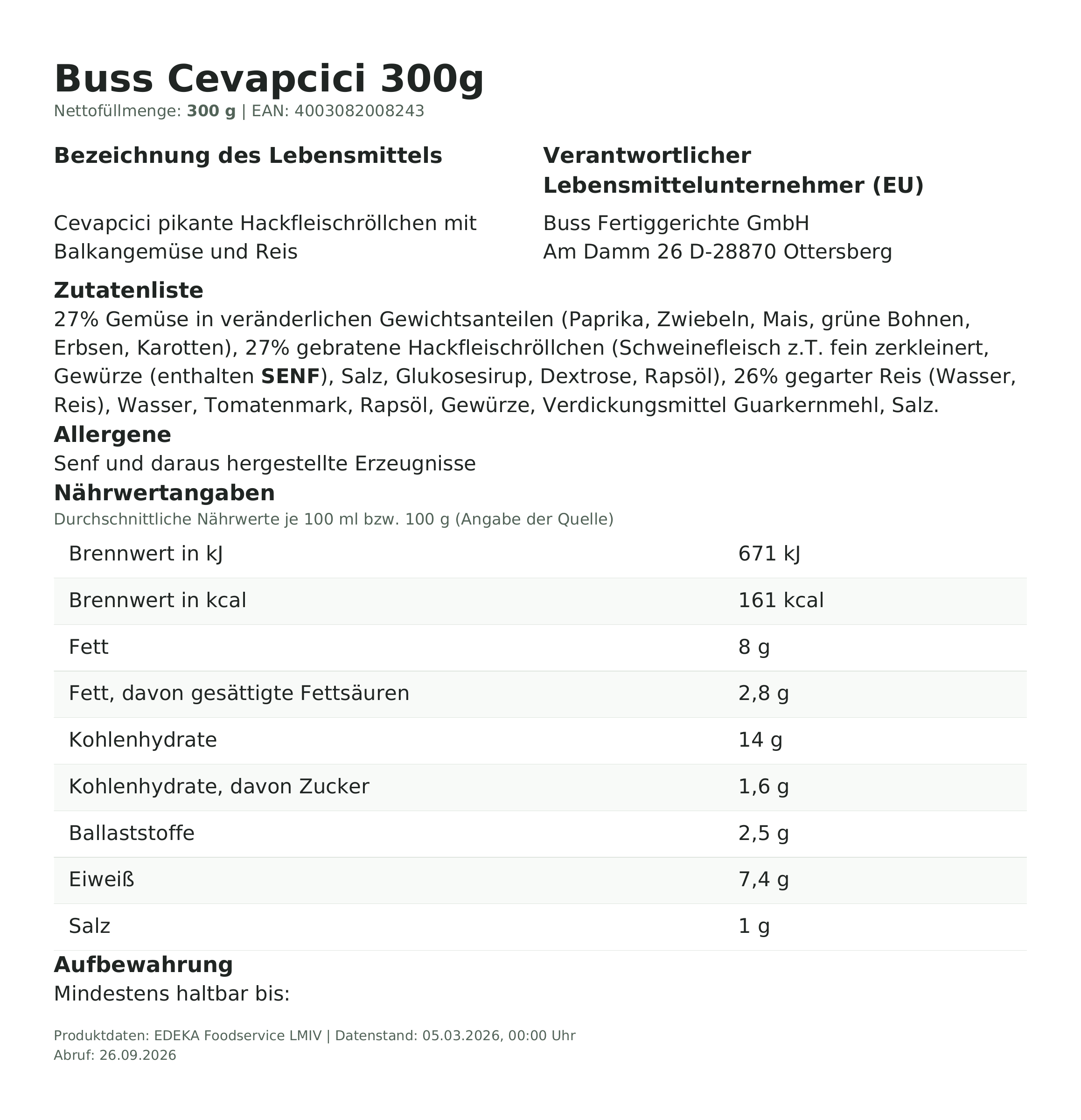 Lebensmittelinformationen: Buss Cevapcici 300g