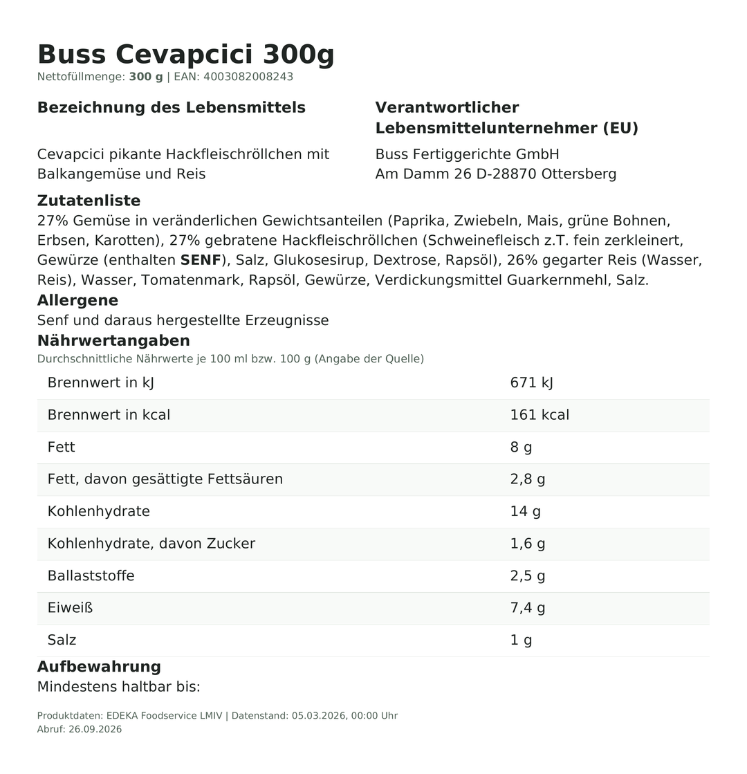 Produktinformationen und Nährwerte – Buss Cevapcici 300g