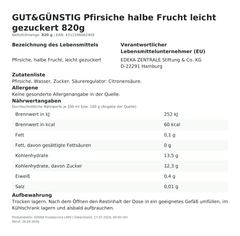 Lebensmittelinformationen: G&G Pfirsiche halbe Frucht leicht gezuckert 820g