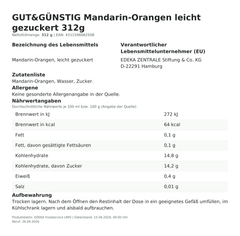 Lebensmittelinformationen: G&G Mandarin-Orangen leicht gezuckert 312g