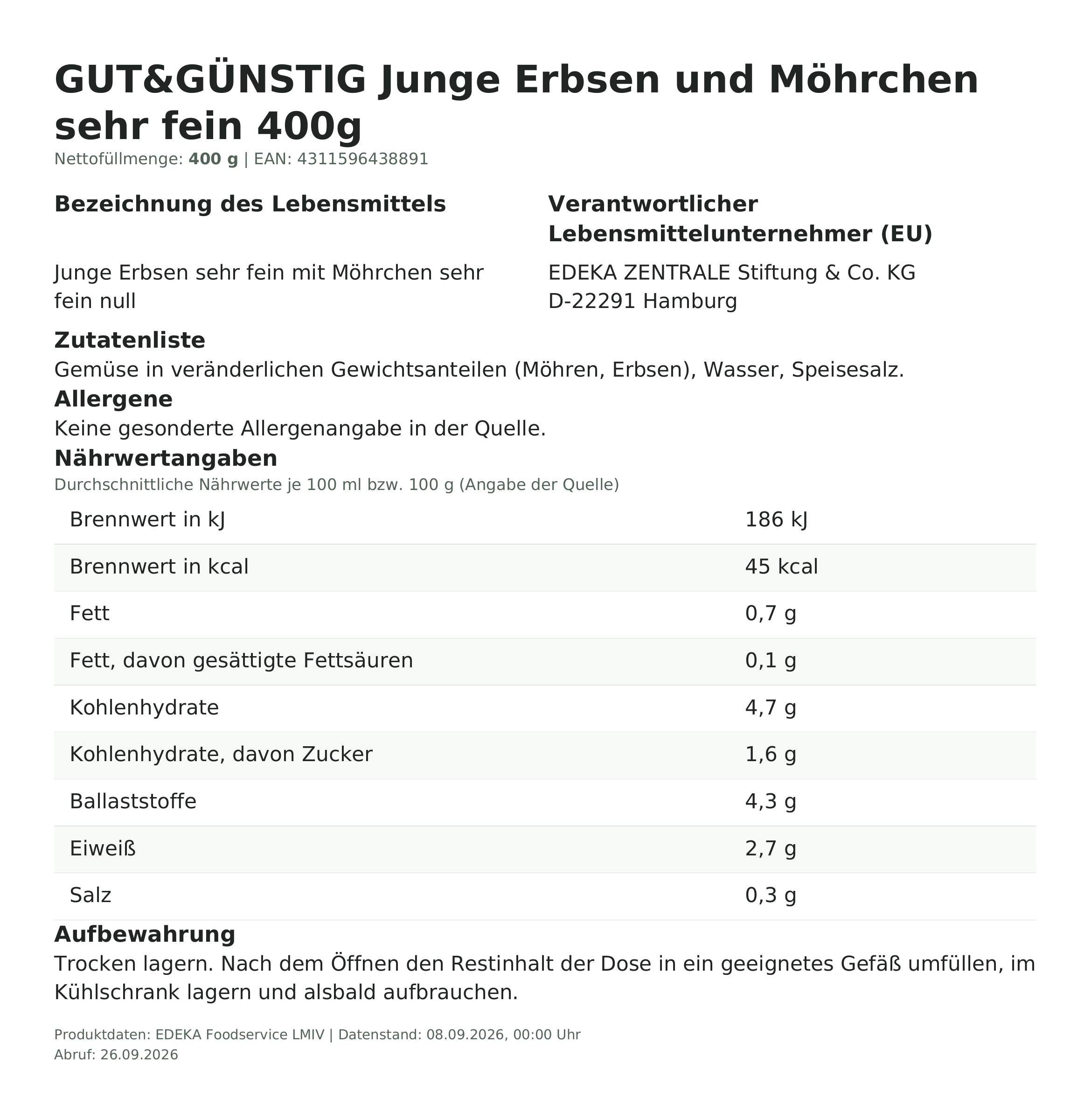 Lebensmittelinformationen: G&G Junge Erbsen mit Möhrchen sehr fein 400g