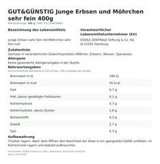 Lebensmittelinformationen: G&G Junge Erbsen mit Möhrchen sehr fein 400g
