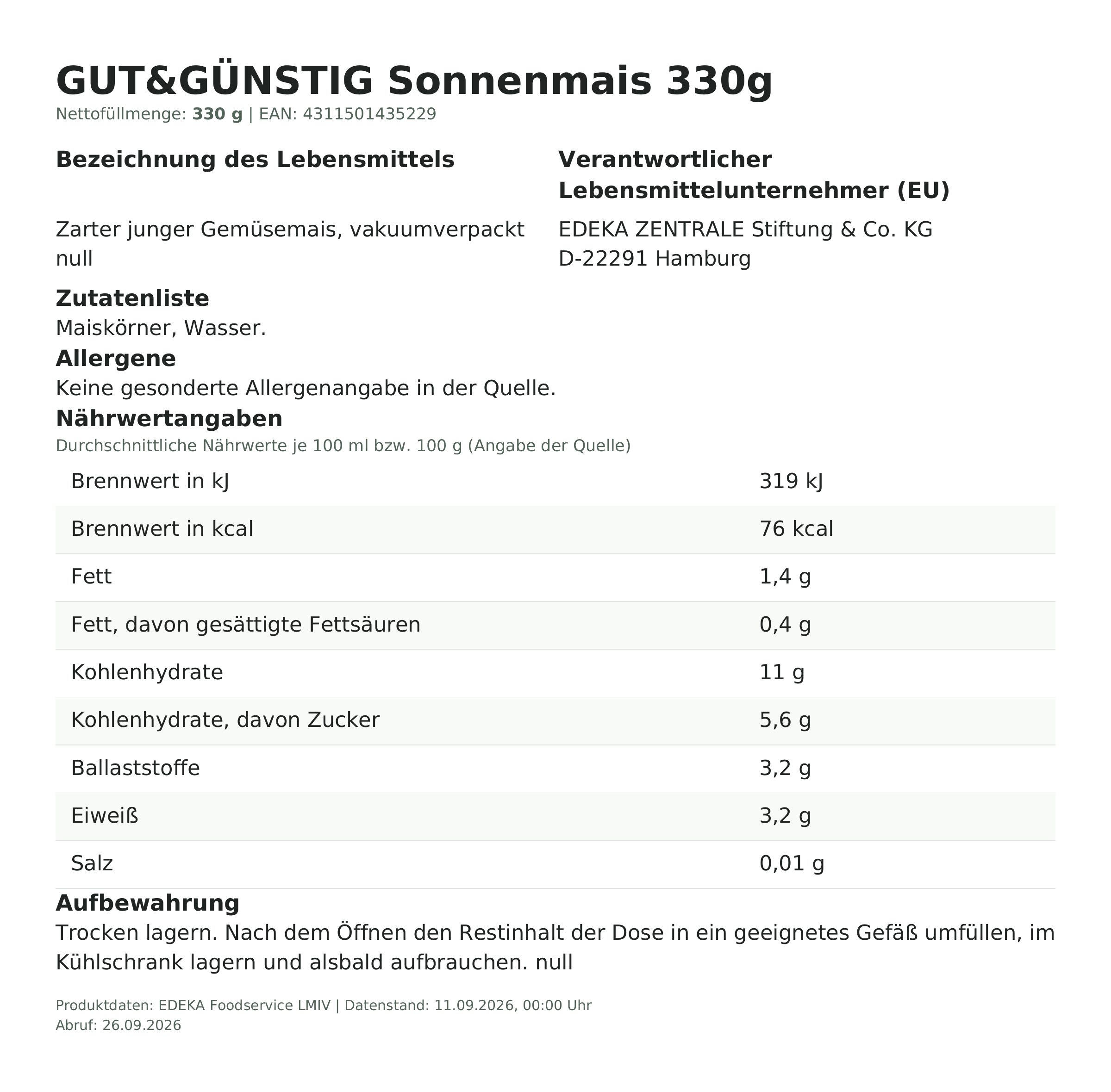 Lebensmittelinformationen: G&G Sonnenmais 330g
