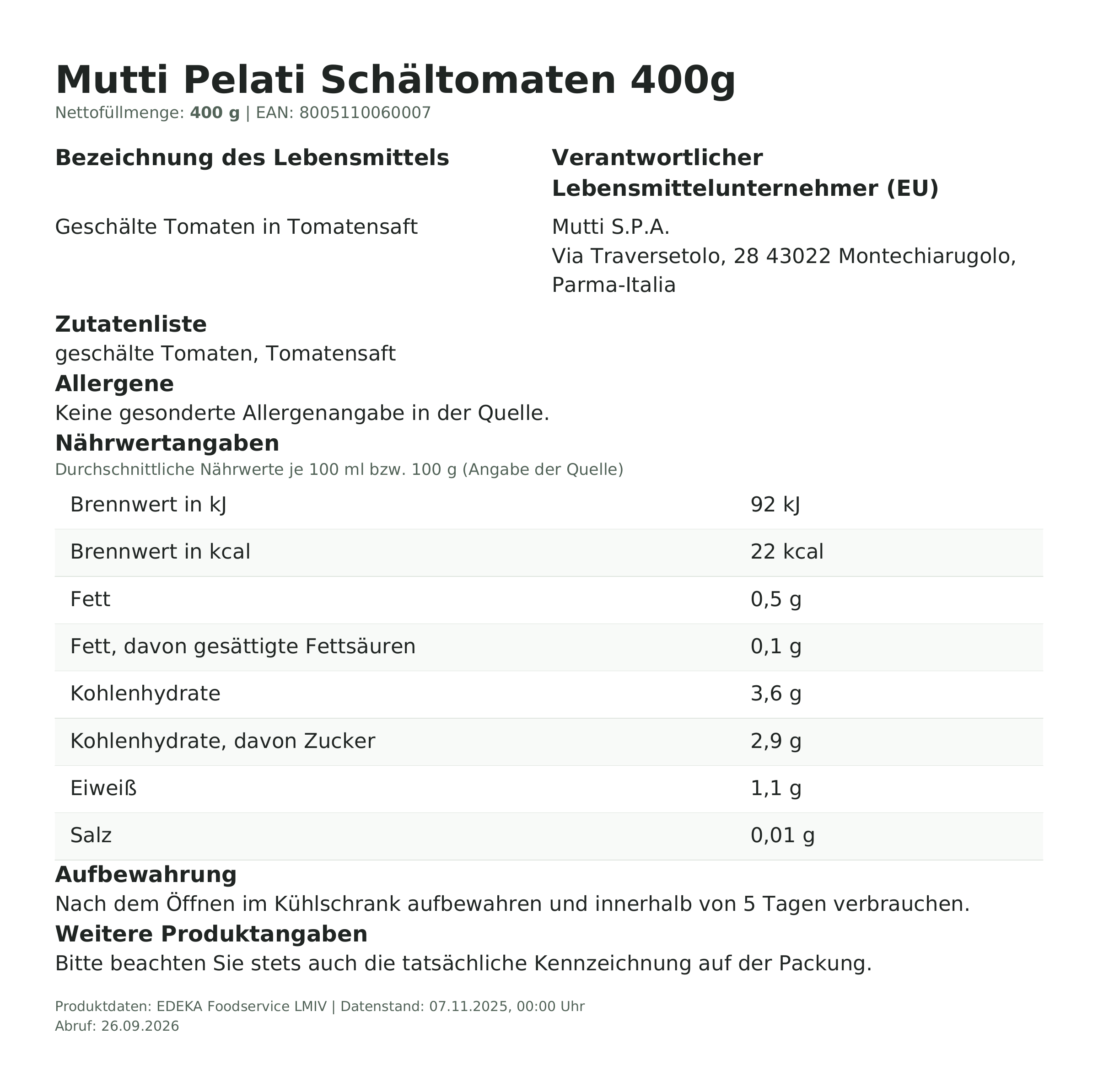 Produktinformationen – Mutti Pelati Schältomaten 400g