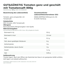 Lebensmittelinformationen: GUT&GÜNSTIG Tomaten ganz und geschält mit Tomatensaft 800g