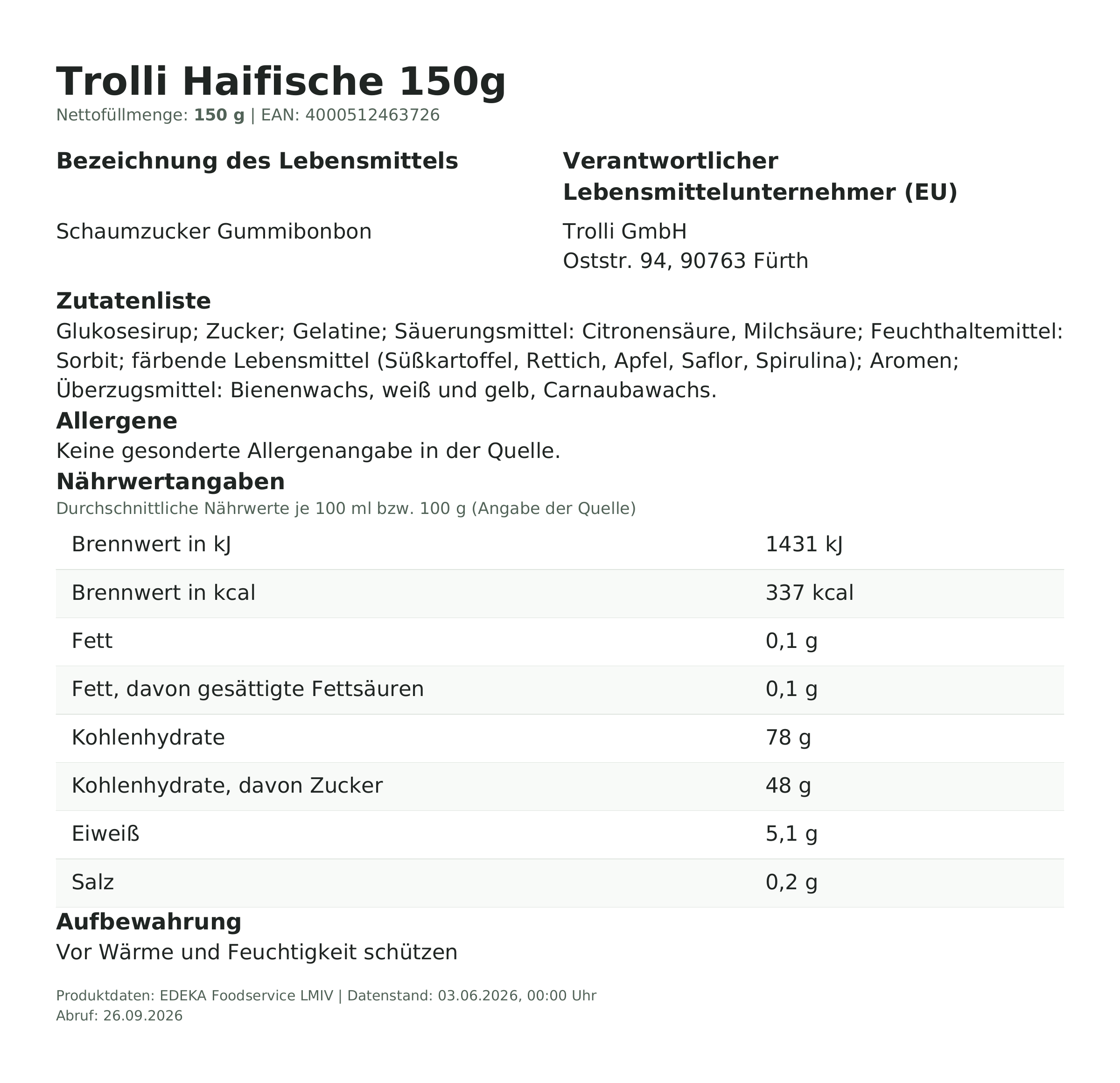 Lebensmittelinformationen: Trolli Btl. Haifische 150g