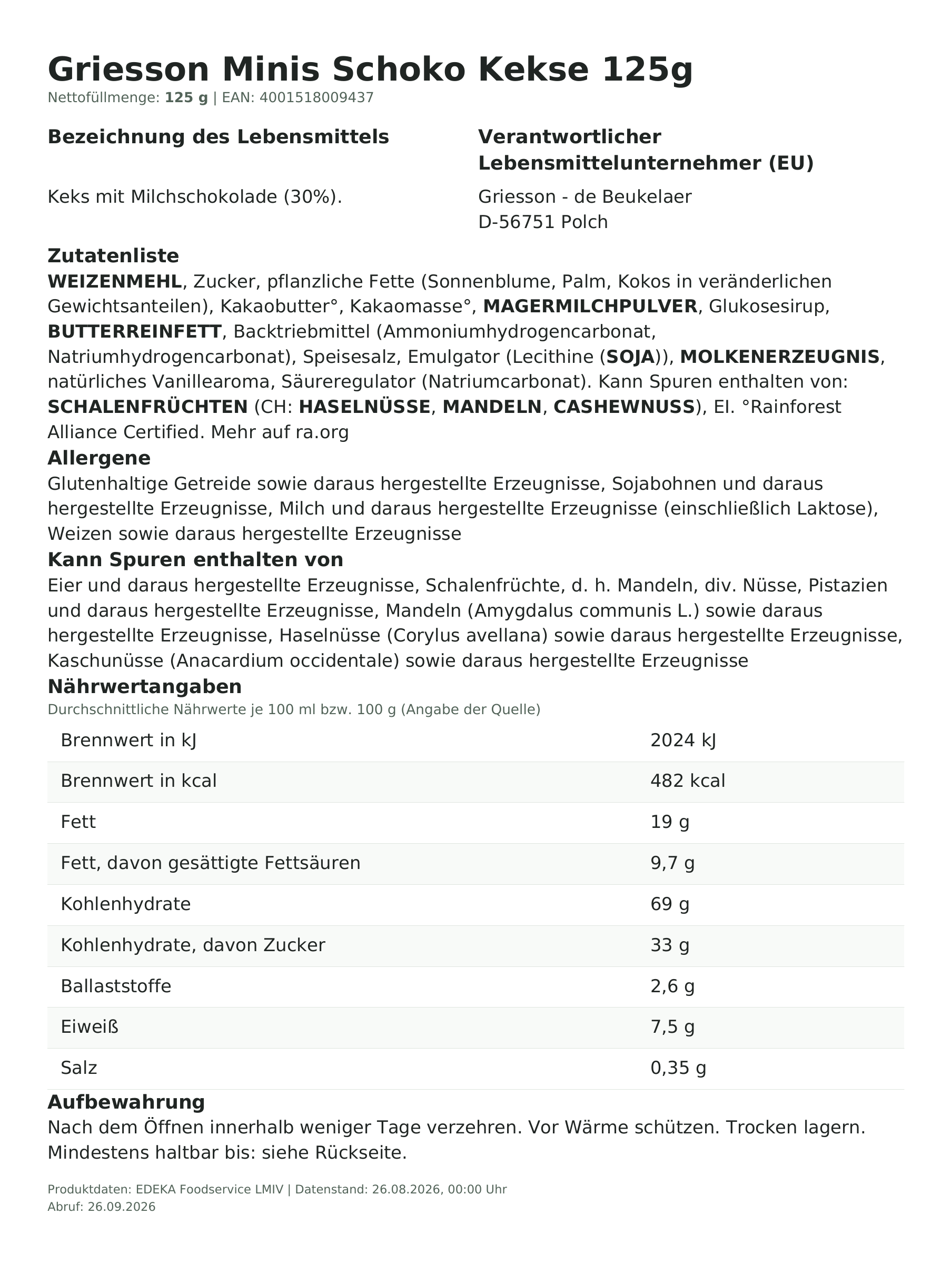 Produktinformationen – Griesson Minis Schoko Kekse 125g