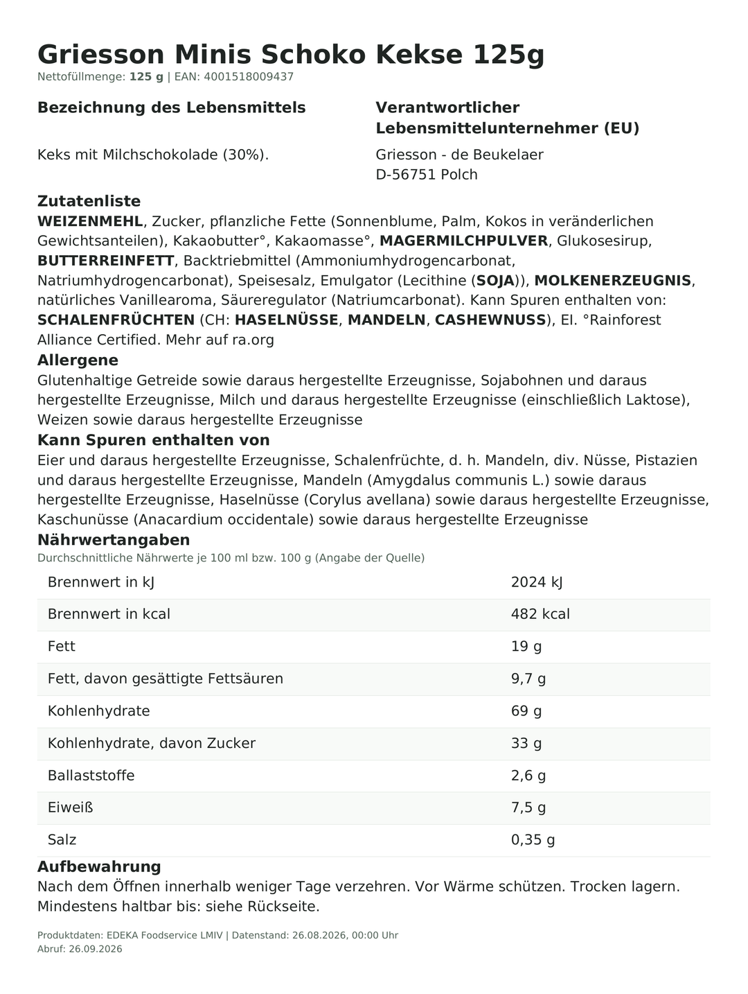 Produktinformationen zum Einzelprodukt – Griesson Minis Schoko Kekse 125g