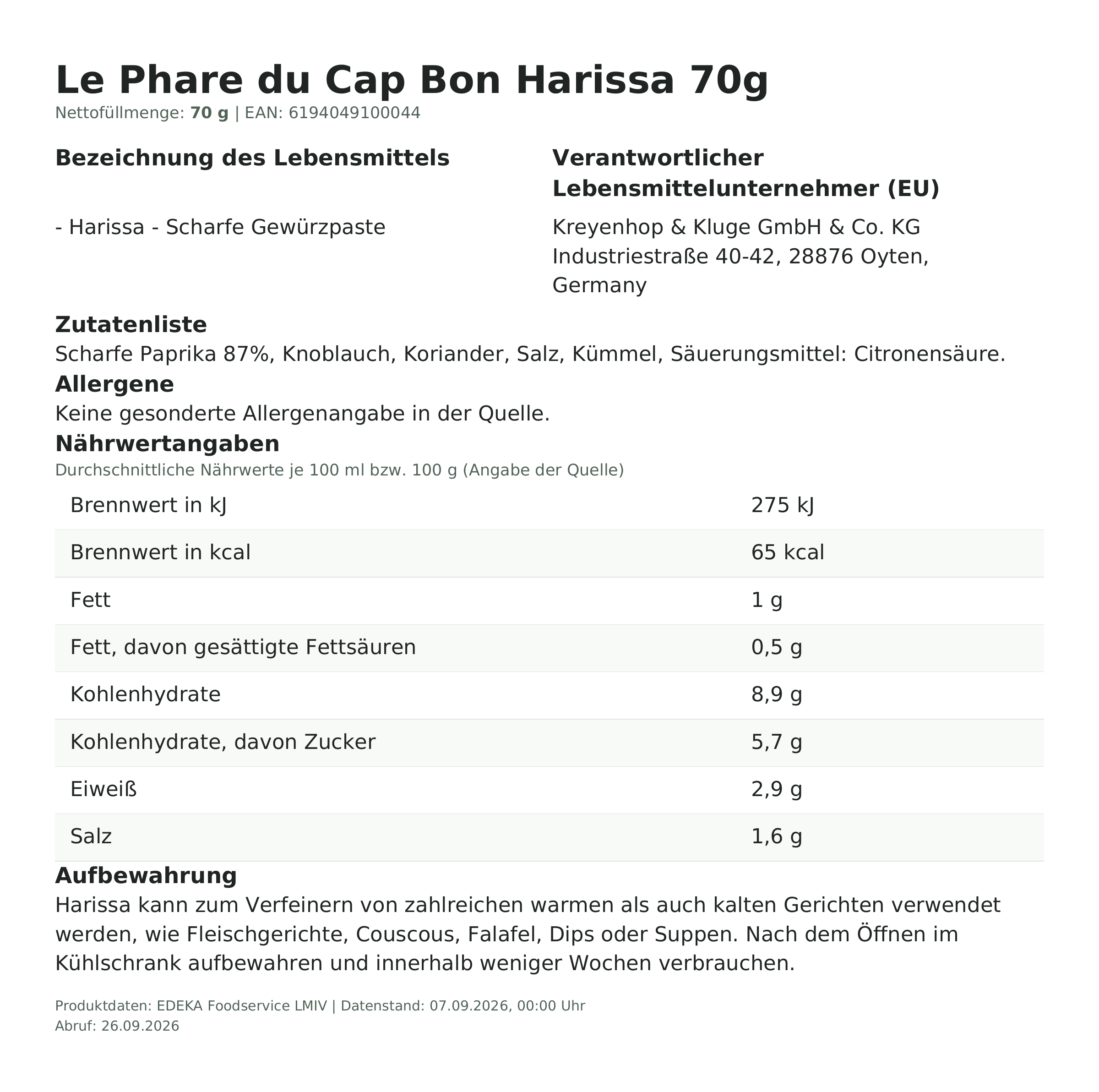 Lebensmittelinformationen: Harissa Tube 70g