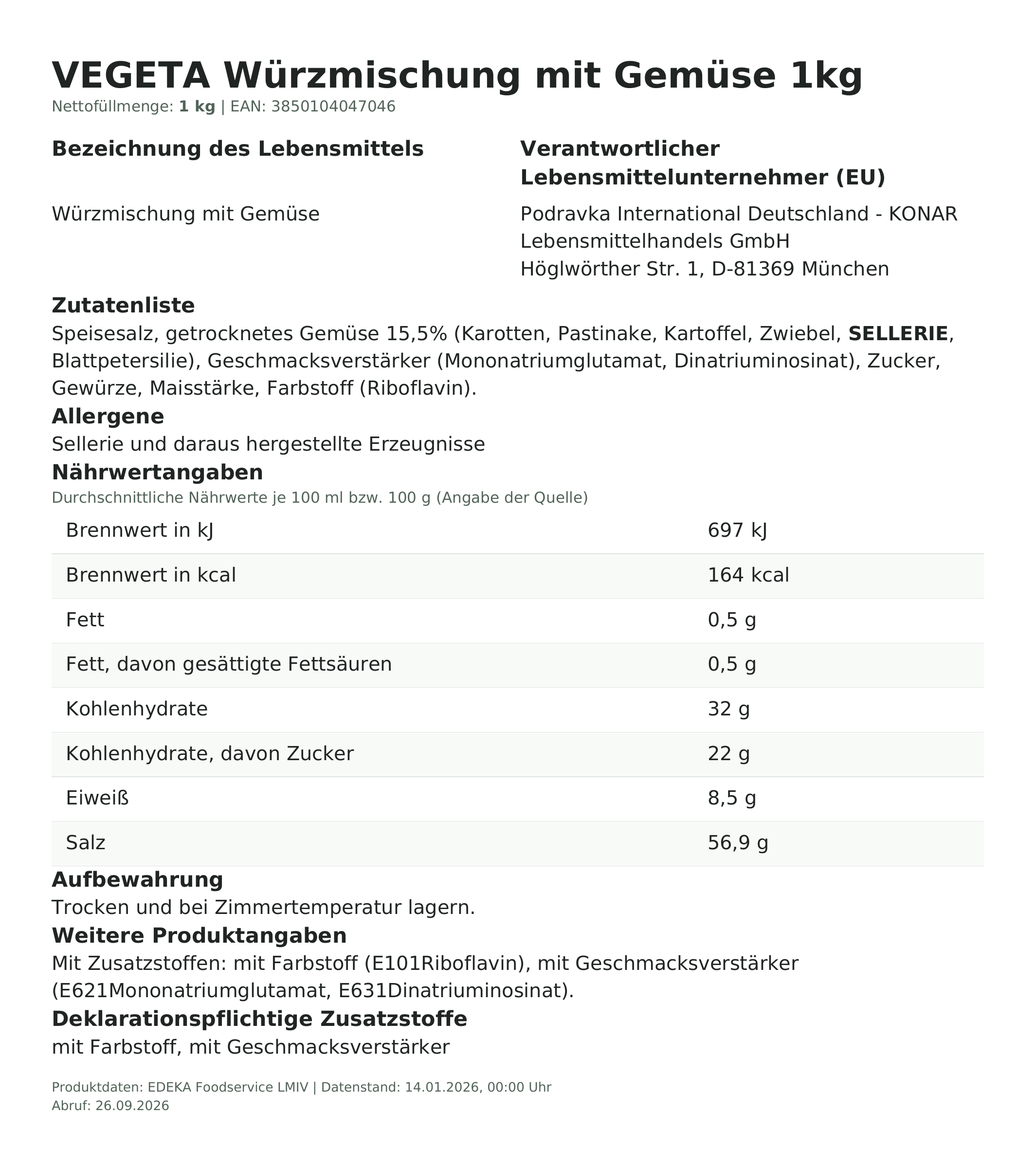 Lebensmittelinformationen: Vegeta Würzmischung 1kg