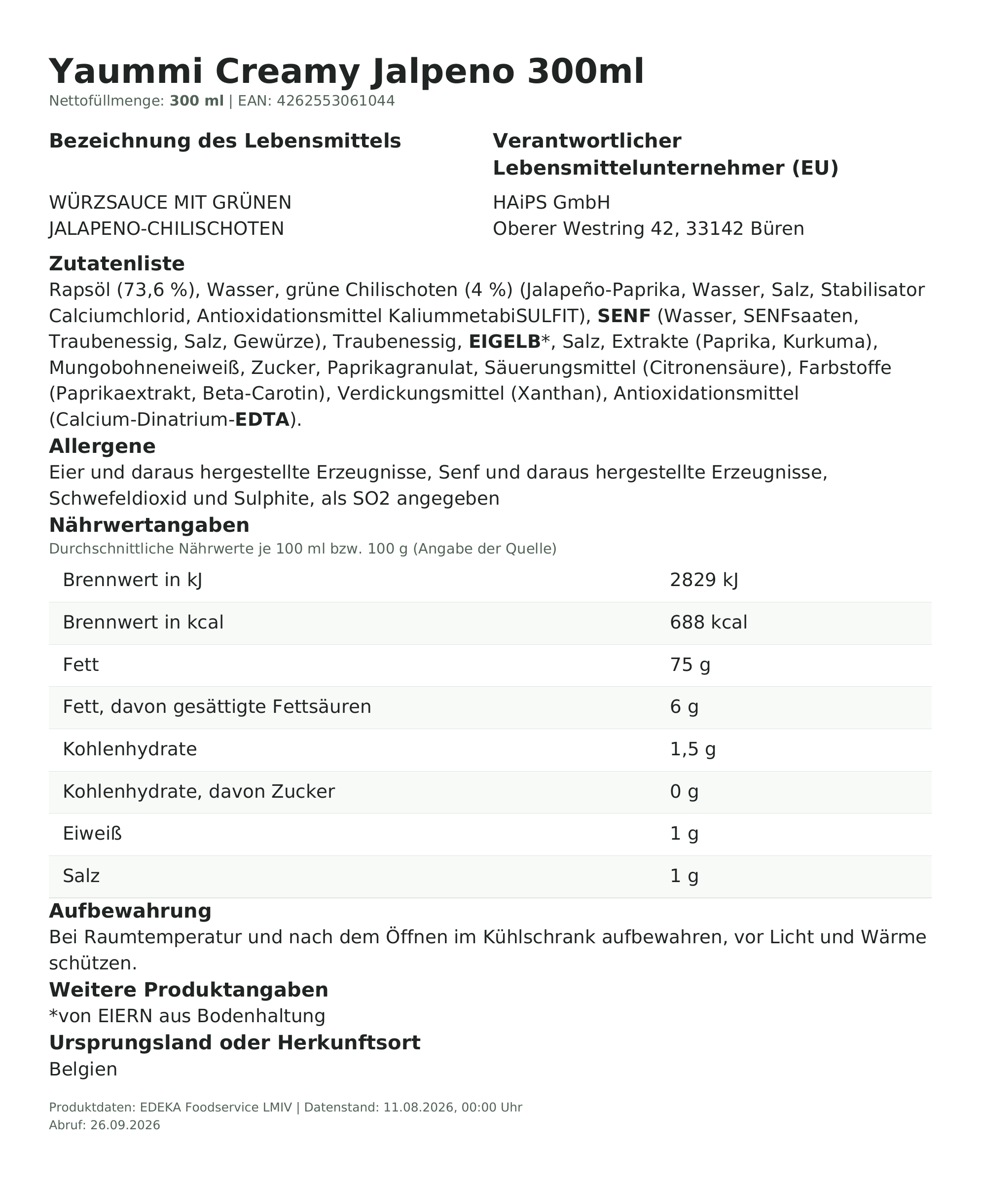 Yaummi Creamy Jalpeno 300ml – Lebensmittelangaben