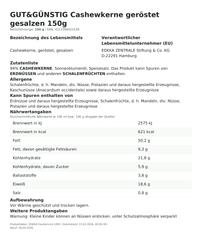Lebensmittelinformationen: G&G Cashewkerne geröstet & gesalzen 150g
