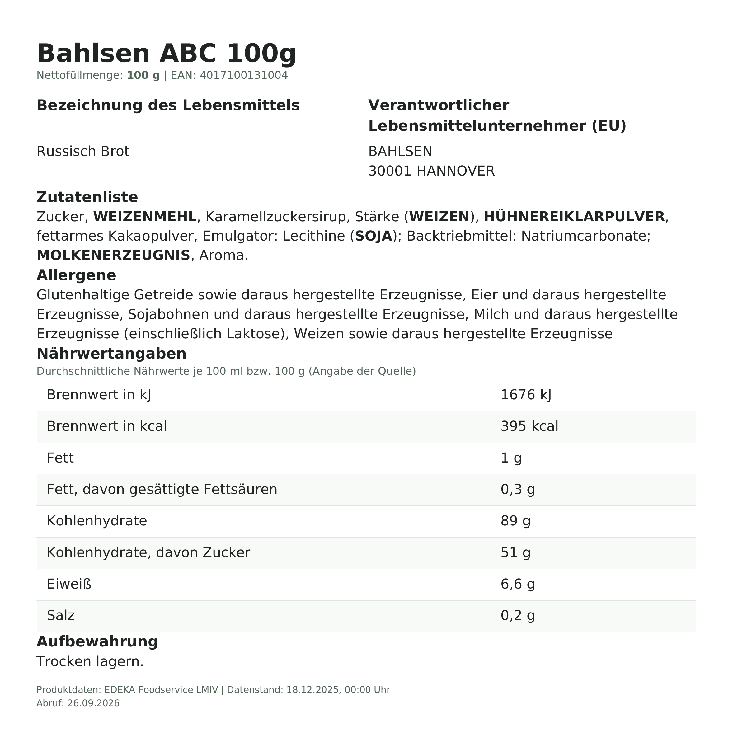 Lebensmittelinformationen: Bahlsen ABC Russisch Brot 100g