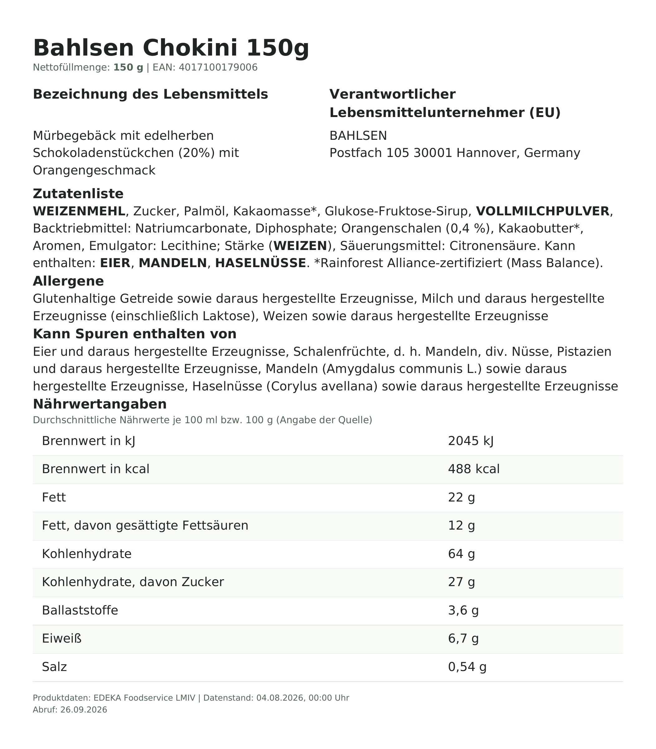 Lebensmittelinformationen: Bahlsen Chokini Gebäck 150g